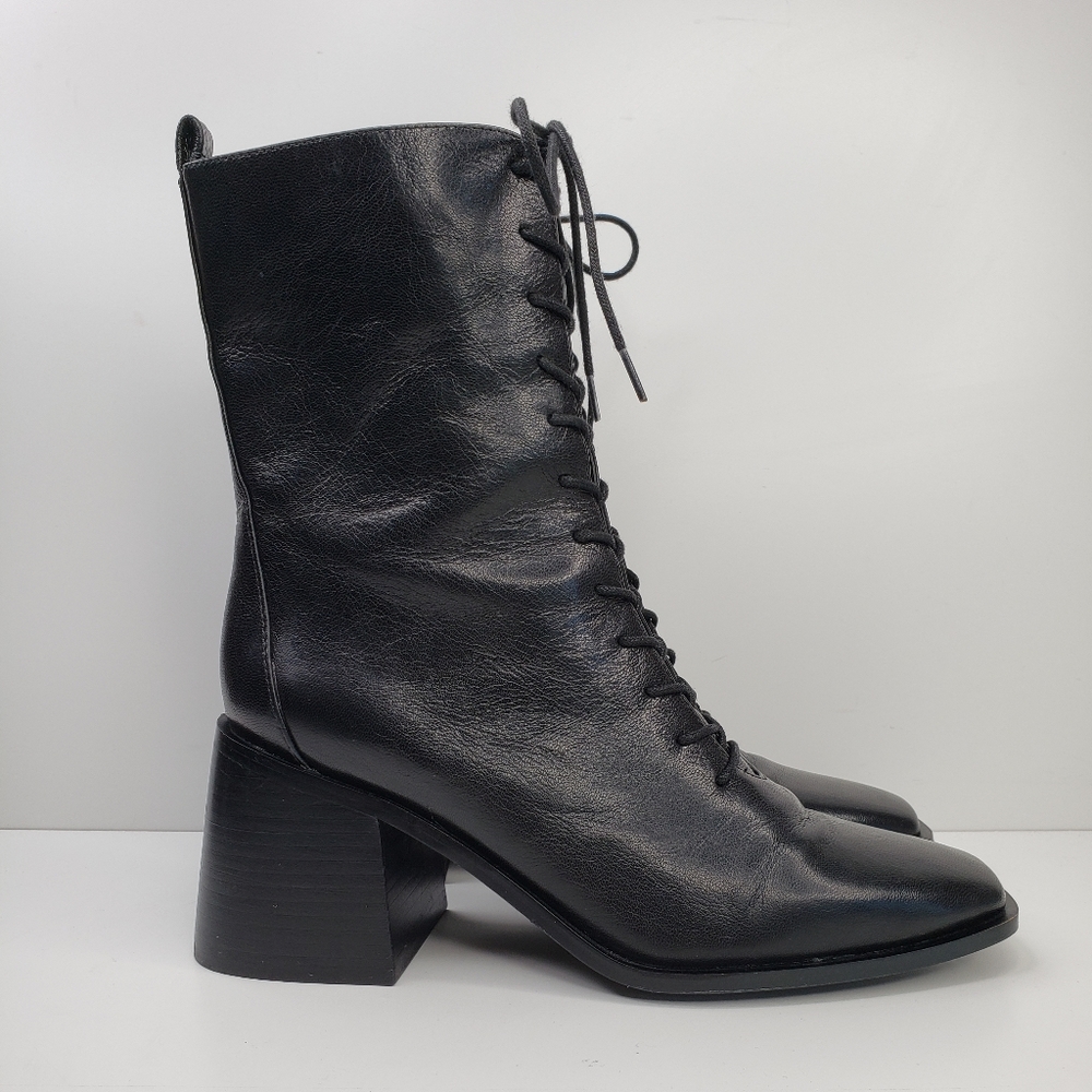 Sam Edelman Westie Black Leather Lace Up Zip Chunky Heel Booties Sz 9.